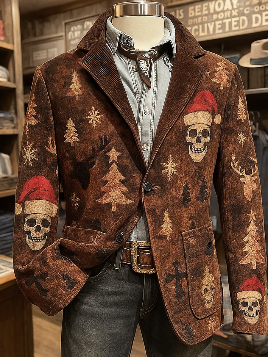 Men's Retro Western Style Christmas Skull Print Casual Corduroy Pocket Blazers